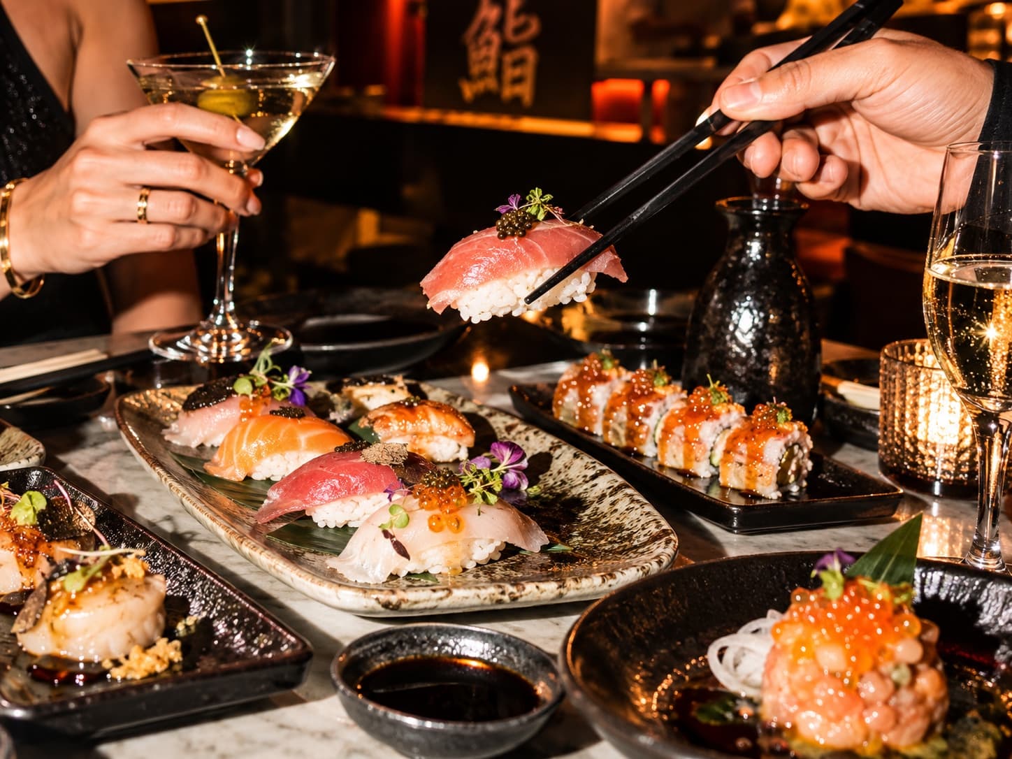 Due persone brindano al tavolo con calici, mentre si servono nigiri e sashimi con le bacchette